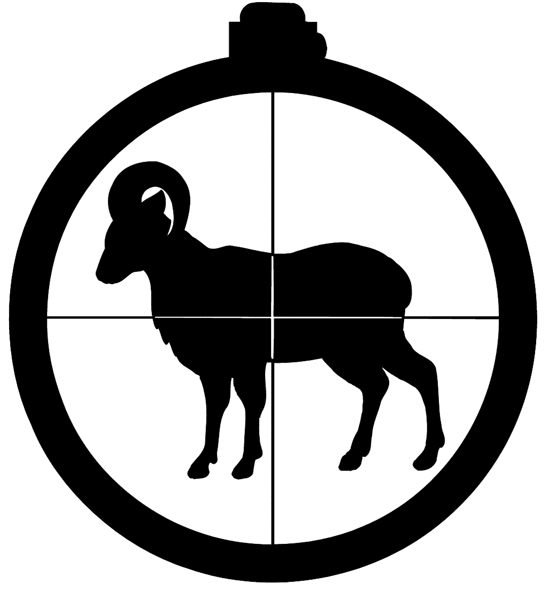 Big horn sheep in rifle sights vinyl sticker. Customize on line. Hunting 054-0090